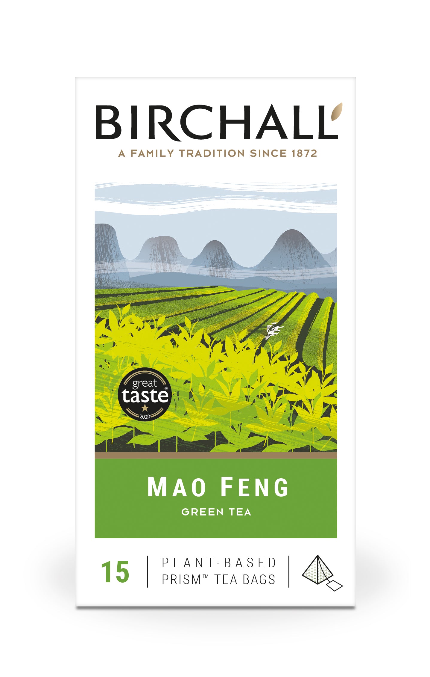 Birchall Mao Feng Green Tea - 15 Plant-Based Prism Tea Bags